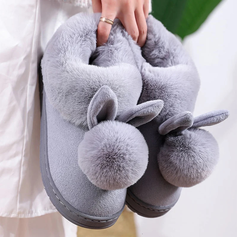 Winter Warm Home Fur Boots Womens Indoor Home Rabbit Shoe Furry Ears Footwear Indoor Bedroom Flat Heels Fluffy Ankle Boots 241115