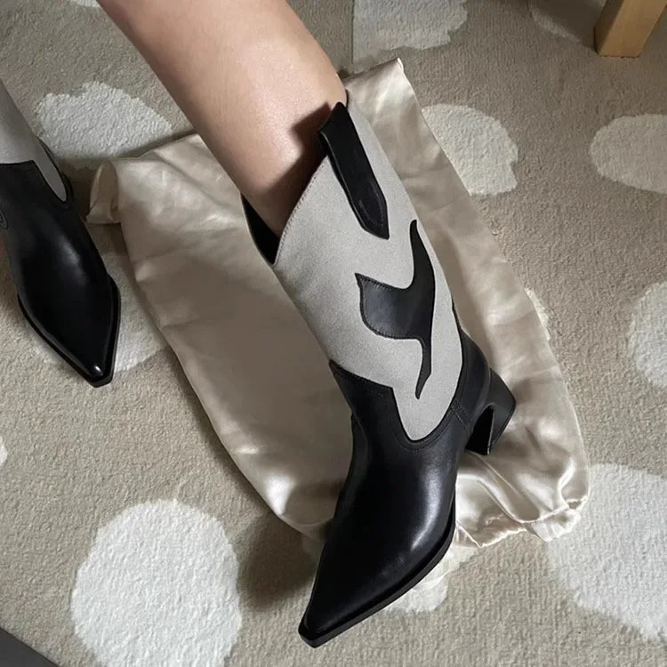 Womens retro pointtoe totem cowboy boots strange high heels mixed colors thick soled autumn womens winter womens shoes Western style 241115