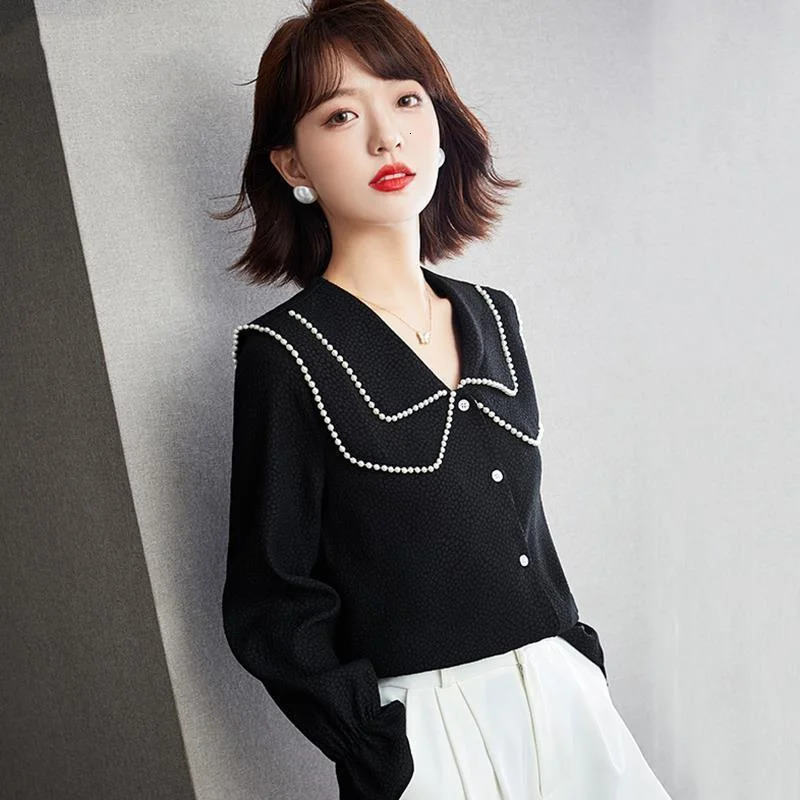Doll Collar Black Shirt Womens Spring Long Sleeve Cover Abdominal Westernized Sweet Unique Temperature Top 241115