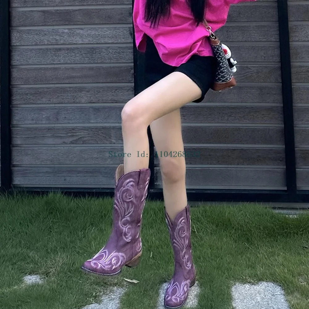 Suede Embroidery Mid calf Boots Square Toes Sexy Square High Heels Slippering in ly Arrived Fashion Cowboy Boots Winter/Spring/Autumn 241115