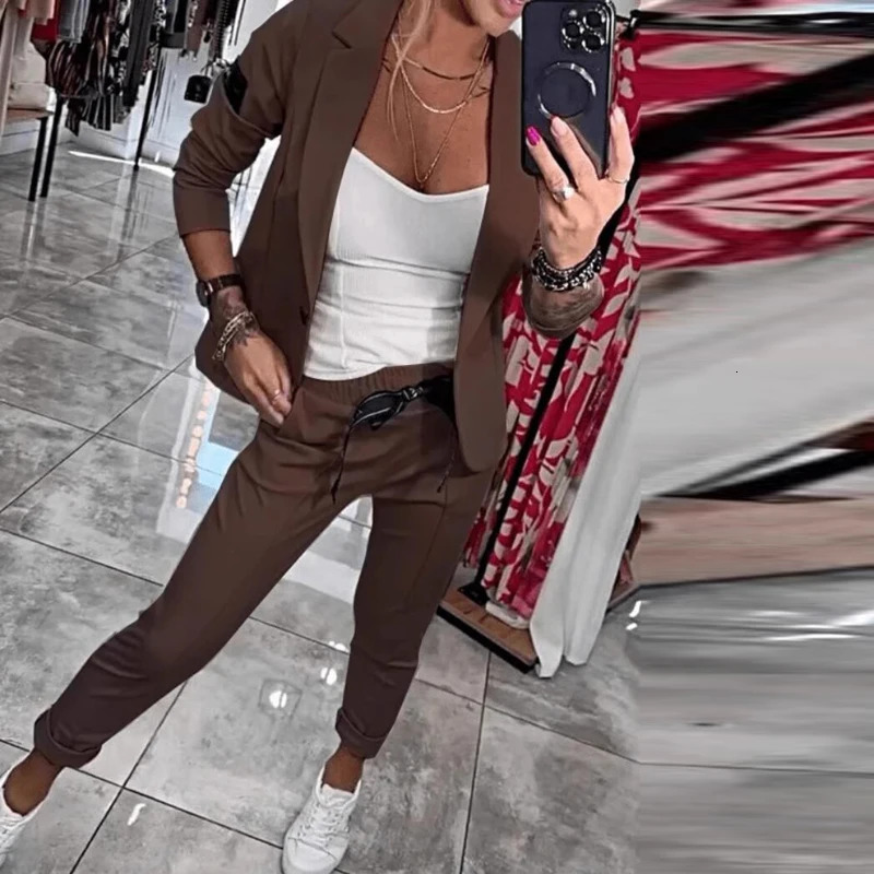 Autumn solid twopiece set jacket elegant office lapel single button womens winter casual lace pants 241115