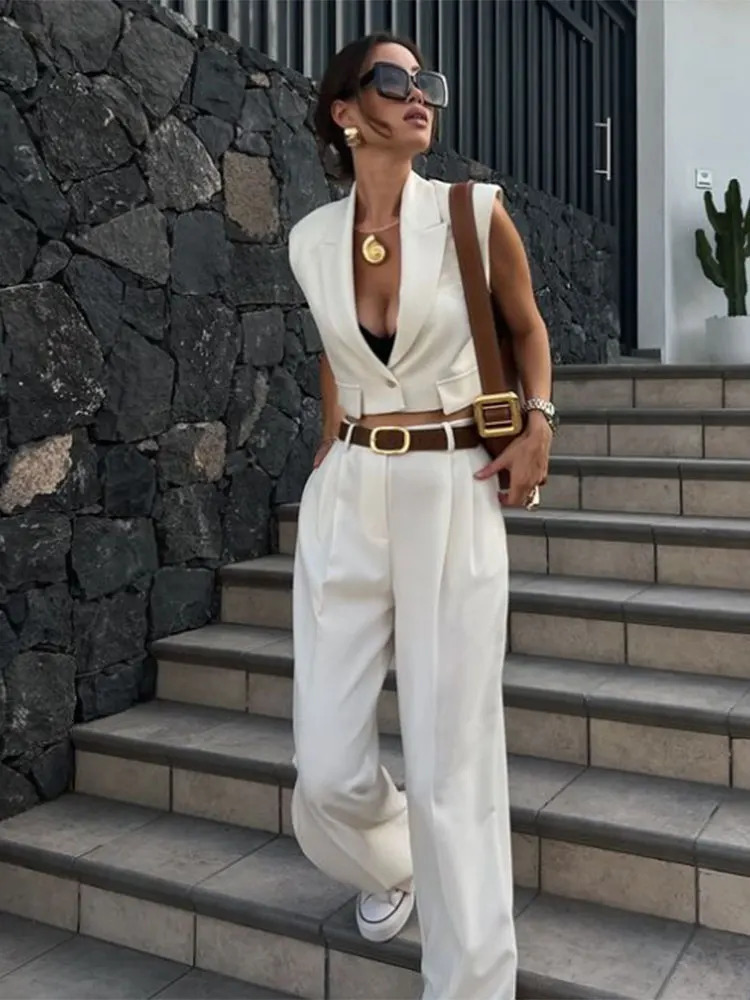 TRAF 2024 Elegant Sleeveles Blazer Vest Suits V Neck Office Tanks Female Crop Top Wide Pants Sets Y2K OL 241115