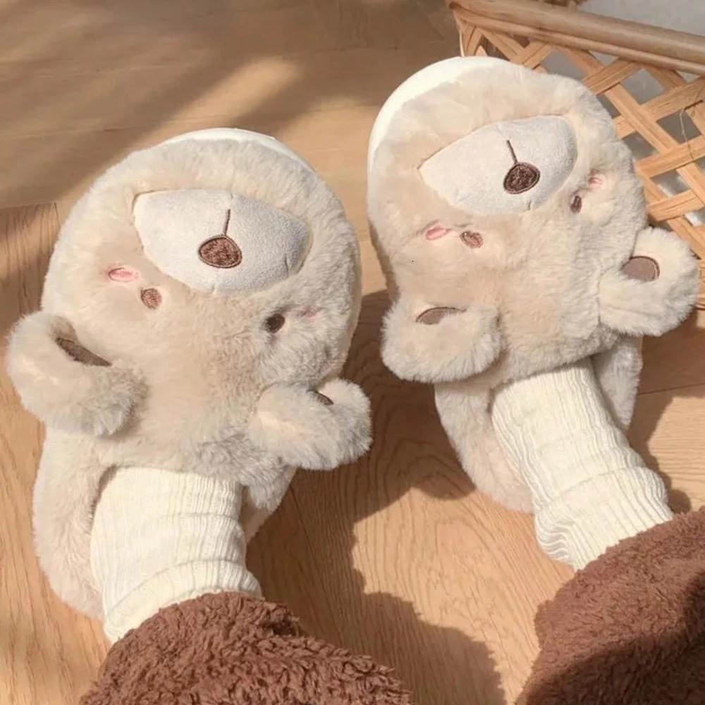 Cute Bear Single Band Winter Women Slipper Soft Heel Platform Fur Warm Indoor Comfortable Home Fluffy Home Slippers 241115
