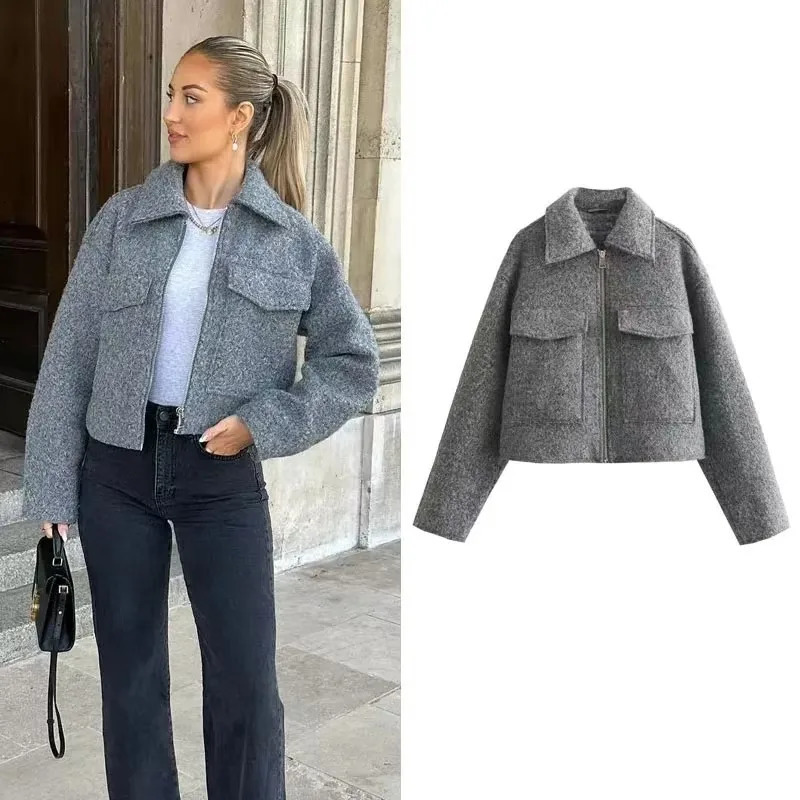 Autumn and winter womens retro coarse woolen jacket suitable for jacket jacket fashionable loose long sleeved zipper womens jacket fashionable crop ja