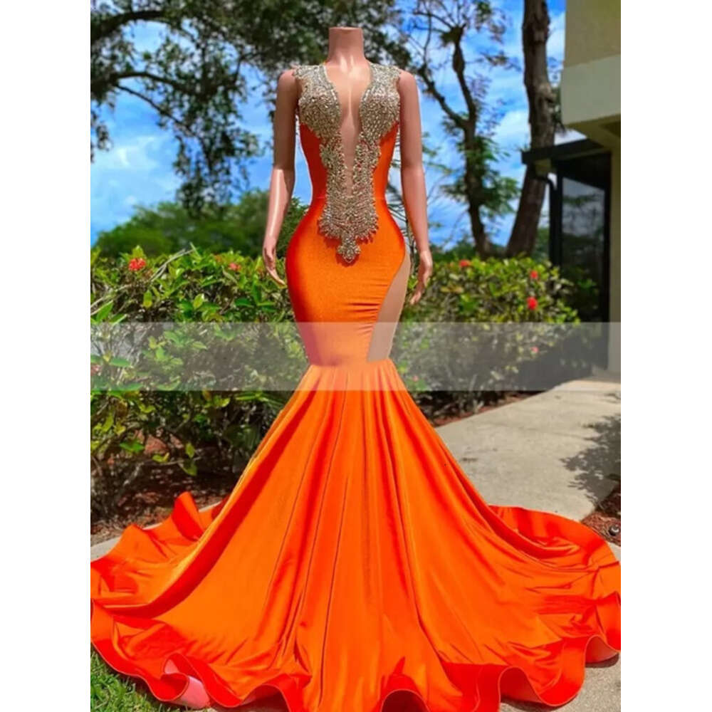Orange Red Mermaid Long Prom Dresses For Black Girls Beaded Crystals Rhie Deep V Neck Evening Dress Formal Open Back Sleeveless Party Gowns Bc15130 02