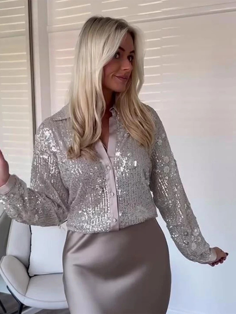 Fashion sequin decal womens shirt Y2K Street Stand collar single chest shiny womens holiday party womens fashion top 241115