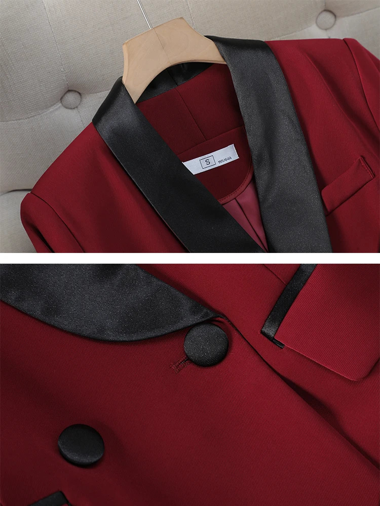 Elegant red and black womens pants set office business work clothes 2piece formal jacket Trouser 241115