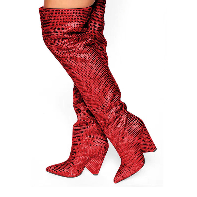 2023 Cross border Foreign Trade New Pointed Cone Heel with Slope Heel, One Step Stepping with Starry Sky Water Diamond Large Knee Over Boots for Women