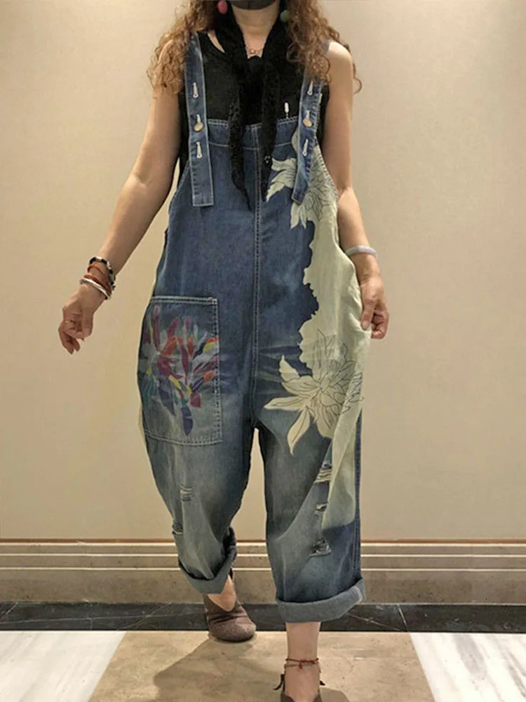 2023 Korean Females Fashion Overalls Ladies Spring Printed Denim Harem Pants Vintage Casual Jeans Loose Trousers 241108