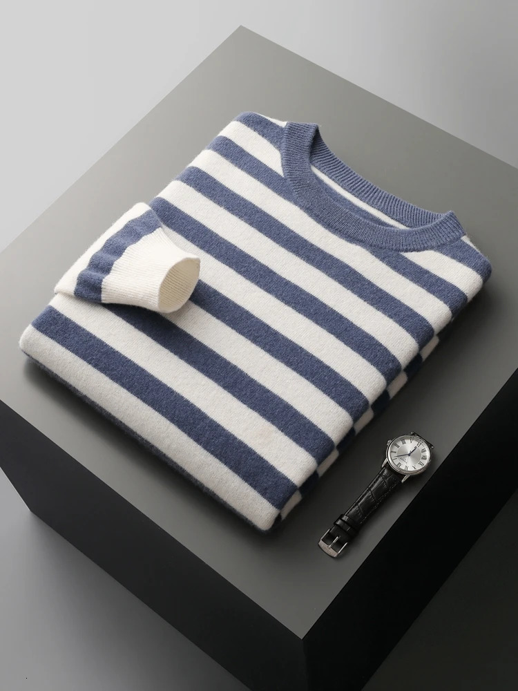 CHICOU Autumn Mens Oneck Striped Wool Pullover Basic Casual Long Sleeve Cashmere Sweater 100% Merino Knitted Top 241115