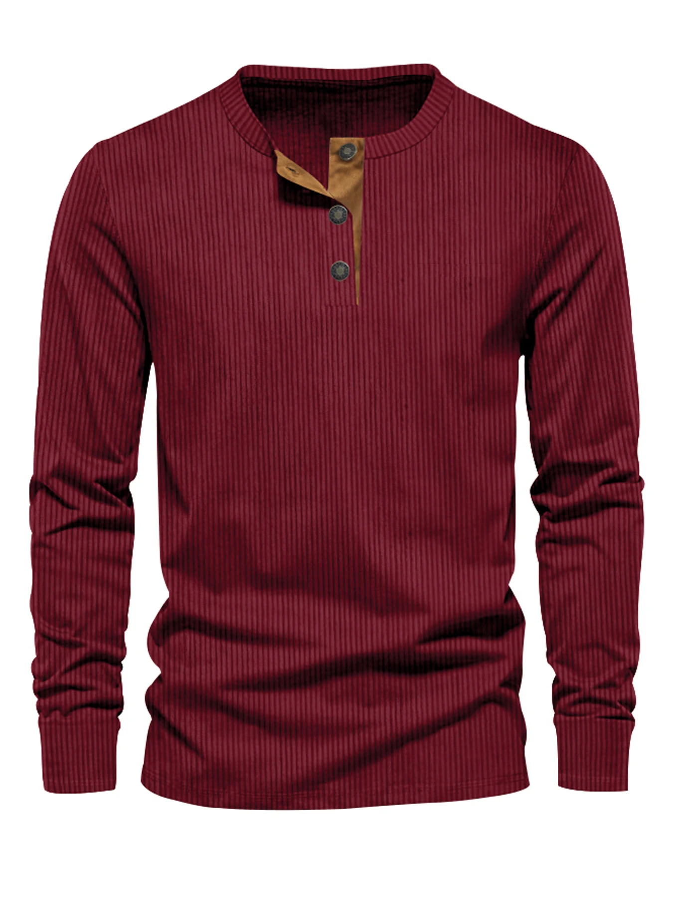 2024 Spring and Autumn Crossborder Mens Independent Station Corduroy Casual Henry Slim Solid Color Long Sleeve TShirt 241115