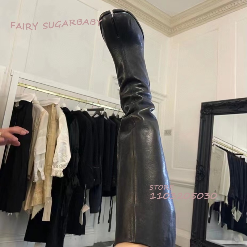 Black Loose Long Tabi Boots Women High Round Heels Zipper Leather Booties Knee Versatile Spring Girls Matte Casual Shoe British
