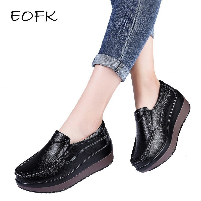EOFK Spring and Autumn Womens Flat Shoes Womens Genuine Leather Moccasins Casual Round Toe Handmade Platform Shoes 241115