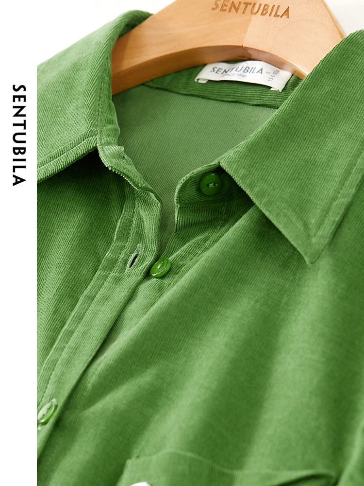 SENTUBILA Womens Cotton Corduroy Shirt Flip Collar Single Chest Spring Green Loose Shirt Womens Long Sleeve Top 133C51681 241115