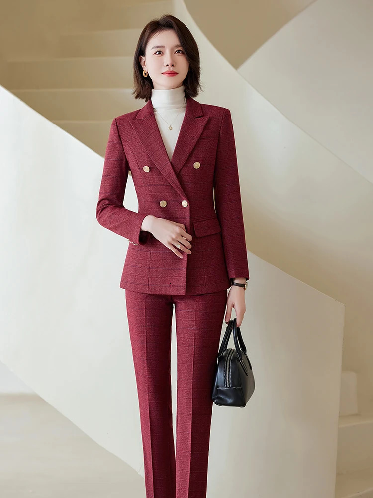 Autumn Winter Red Coffee Blue Black Womens Pants Set Business Work Clothes Plain Jacket and Trouser 2piece 241115