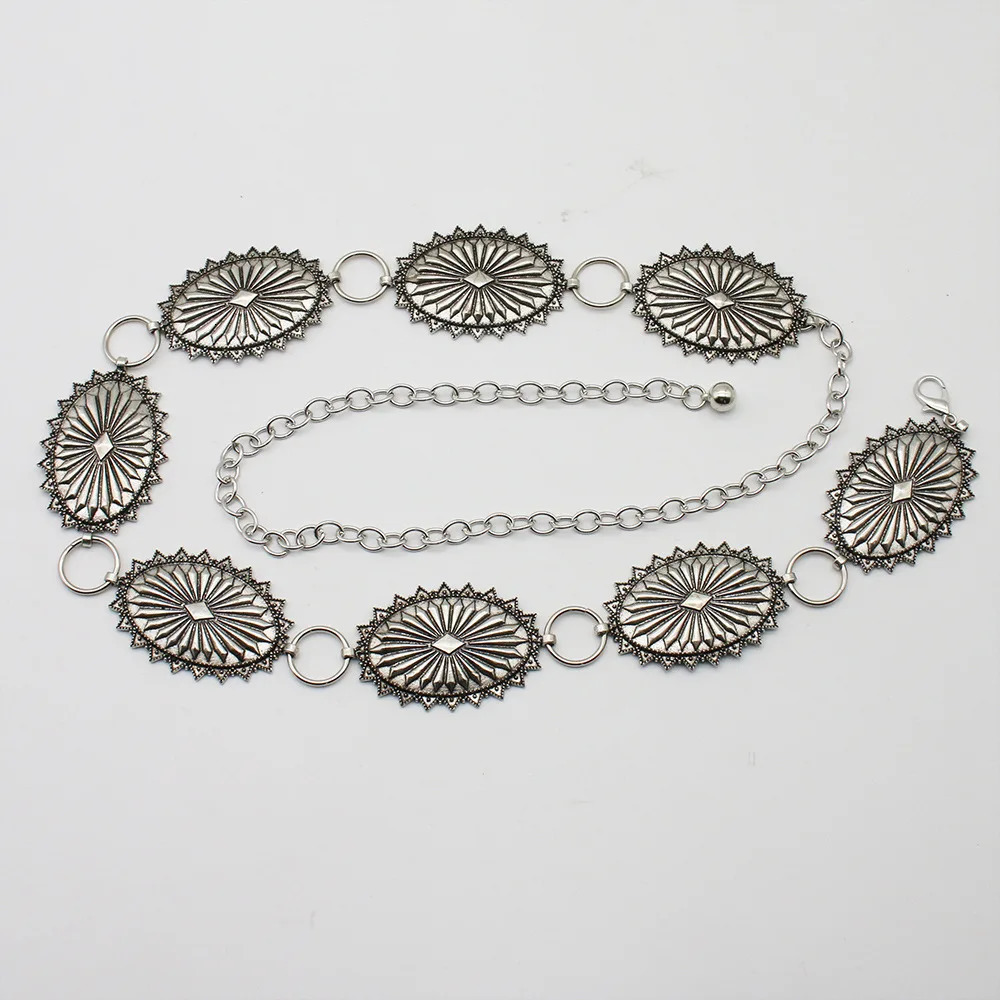 CONCHO LINK BELT Southwestern Sun Star Burst Stamped Metal Medallion Concho Chain Belt Cowgirl Summer Dress Waist Boho Accessori 240401