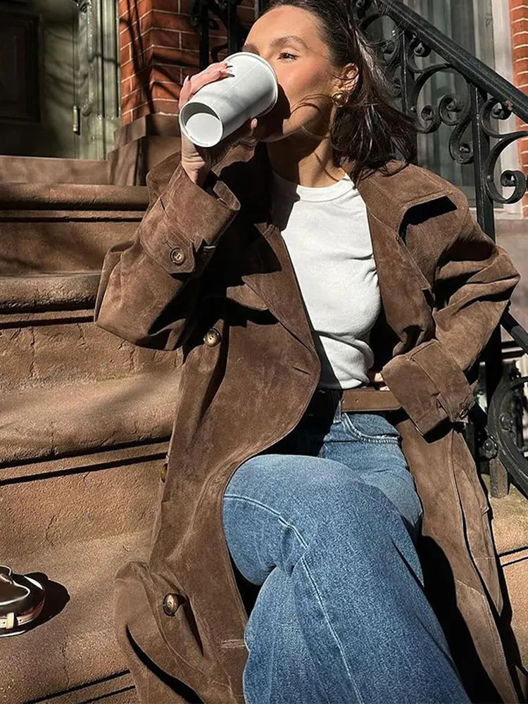 Fashionable brown womens suede jacket elegant lapel long sleeves double-layer with belt autumn womens street top 241115