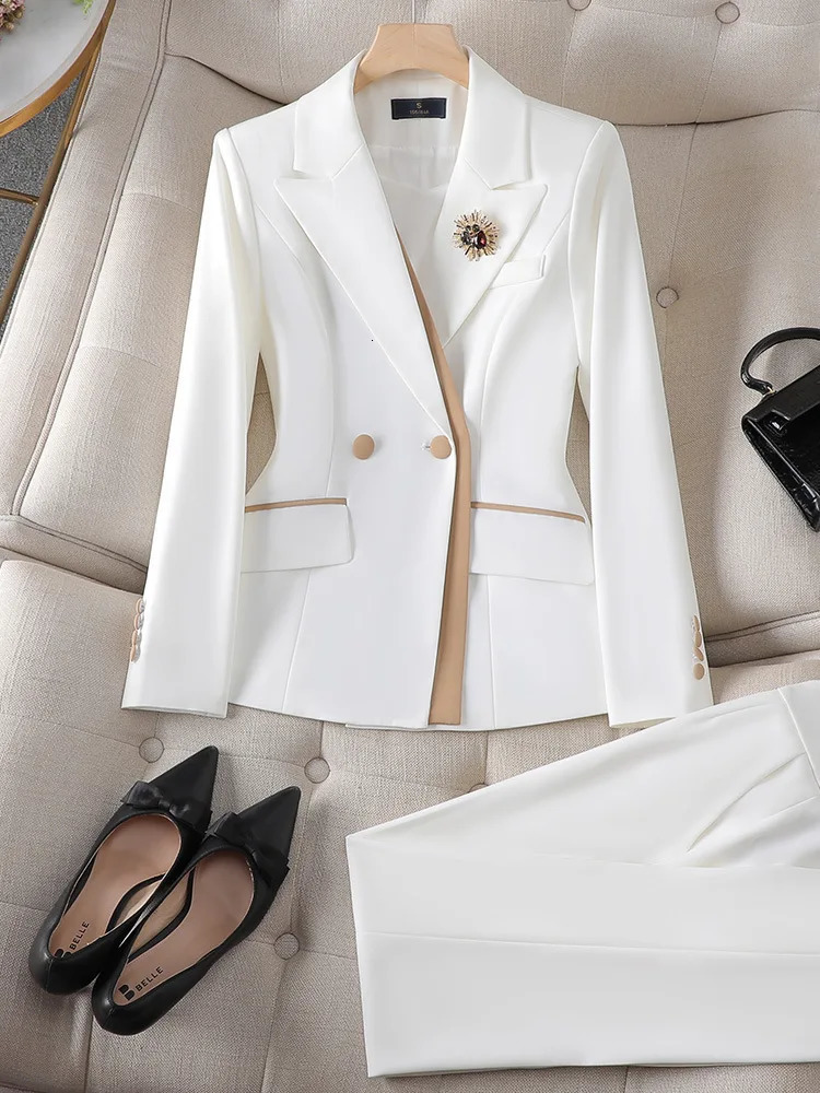 Womens jacket and pants set white long sleeved 2piece splicing work fashionable used for wedding parties or business meetings 241115