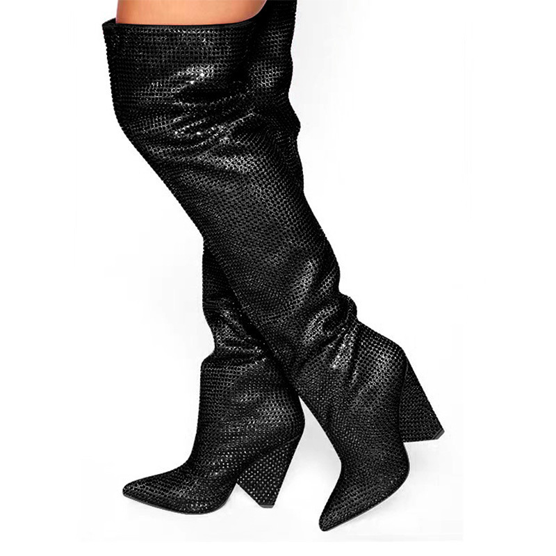 2023 Cross border Foreign Trade New Pointed Cone Heel with Slope Heel, One Step Stepping with Starry Sky Water Diamond Large Knee Over Boots for Women