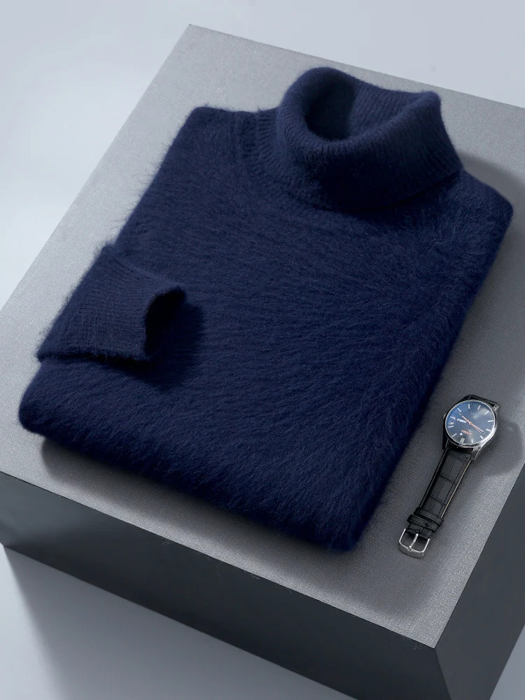 100% mink cashmere mens turtle neck sweater autumn winter thick classic solid loose knit clothing 241115