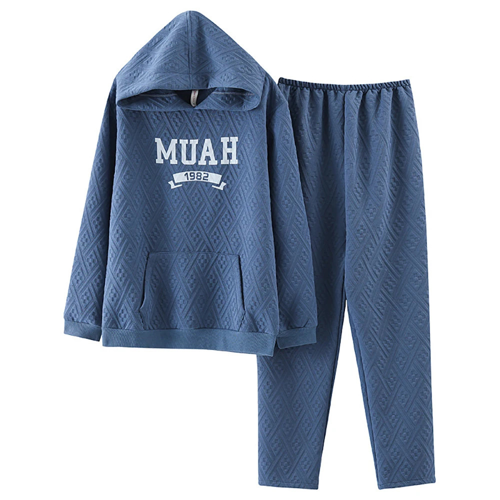 Mens Winter Thick 100% Cotton Filled Hoodie Sleepwear for Sleep Romantic Knitted Letter Sleepwear Soft and Comfortable Sleepwear Set 241112