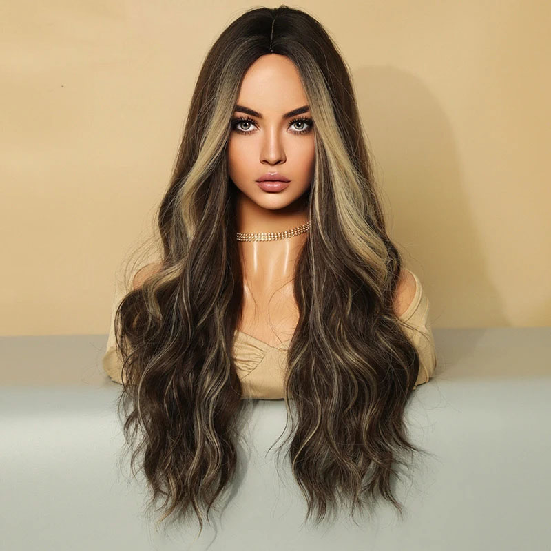 New for Ladies mid length wavy lace wig headpiece with gradient highlights Brown pink Purple hair girl cosplay synthetic wig 22 inches