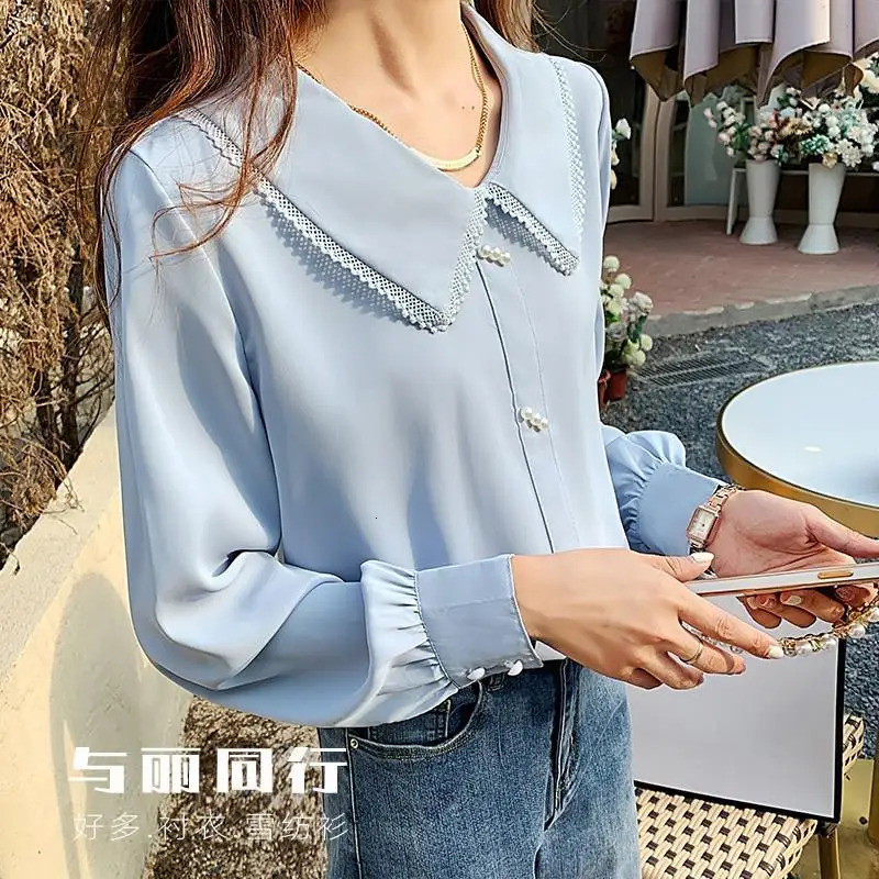 Spring and summer fashionable doll collar long sleeved shirt for womens street casual button down flower retro elegant full matching top 241115