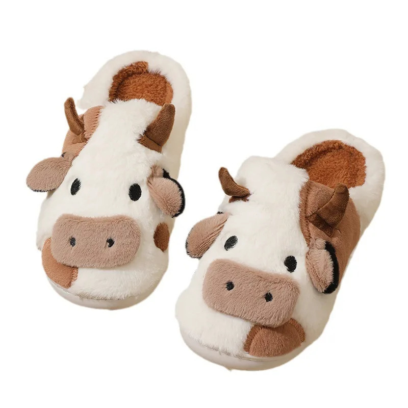 Couple Winter Home Slippers Women Shoes Cute Cartoon Cow Slippers Men Warm Plush Slides Indoor Bedroom NonSlip Floor Slipper 241115