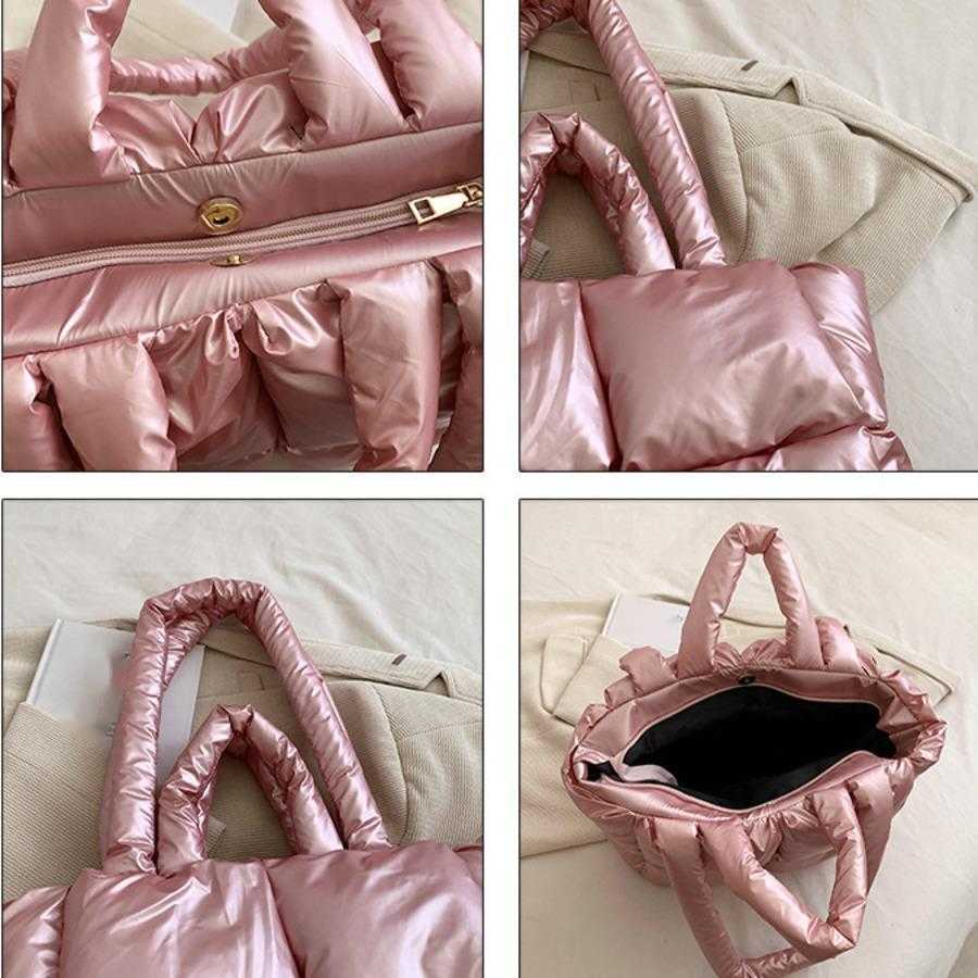 Down Bag WoMens Fashion Shoulder Bag Large Capacity Tote Bag High-end Feel Shiny Surface Handbag Simple Grid Cotton Jacket Bag 241104