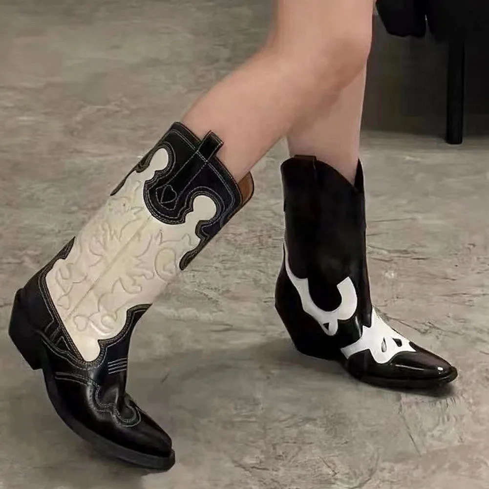 2024 Retro Embroidered Cowboy Girl Boots Fashion Womens Western Boots Pointed Toe Mid calf Cowboy Punk Womens Shoes 241115