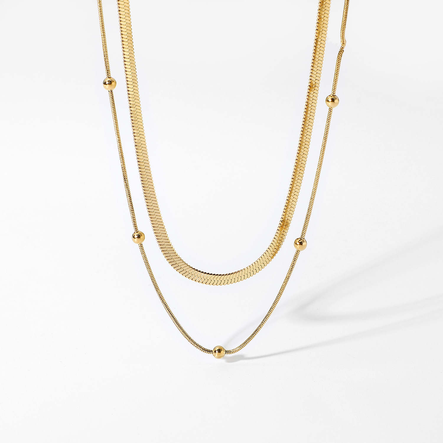 INS Designer New Fashionable Stacked Stainless Steel Collar Necklace for Women 14K Gold-plated Round Bead Chain Snake Chain Necklace Jewelry Wholesale