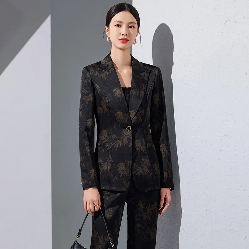 Leaf Print Blazer Pantsuits set suitable for womens offices business single button formal spring and autumn Trouser 241115