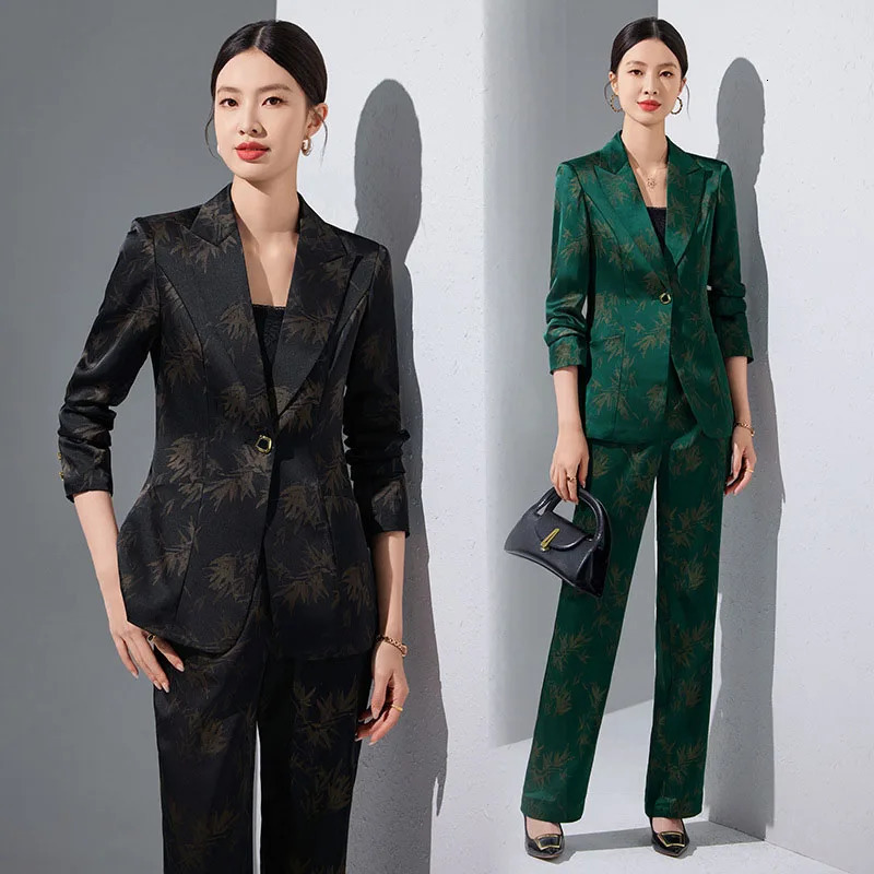 Leaf Print Blazer Pantsuits set suitable for womens offices business single button formal spring and autumn Trouser 241115