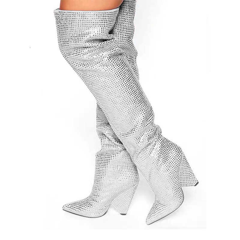 2023 Cross border Foreign Trade New Pointed Cone Heel with Slope Heel, One Step Stepping with Starry Sky Water Diamond Large Knee Over Boots for Women