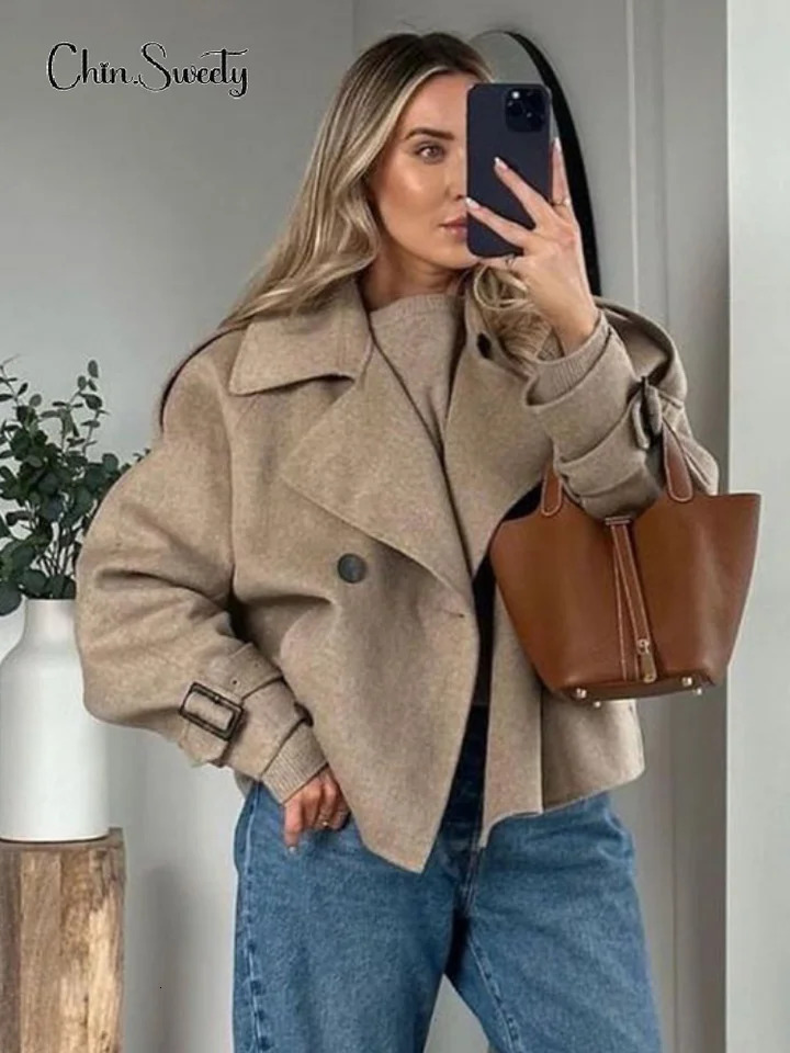 Women Solid Lapel Double Breasted Short Jacket Chic Long Sleeves Loose Woolen Cropped Coat 2024 Ladies Commute Street Outerwear 241116