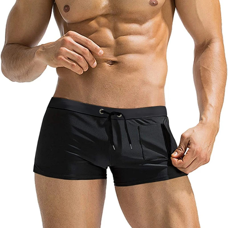 Mens Swim Trunk Swimwear with Zipper Pocket Bathing Suit Swimming Boxer Brief Square Leg Mesh Liner Board Shorts Swimsuits 240410