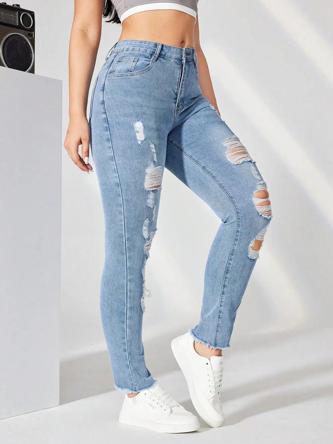 Casual Basics Denim Jeans Stretch Skinny Ripped Hole Washed Tapered Fashion Slim Fit Butt Lift Pencil Pants 241115