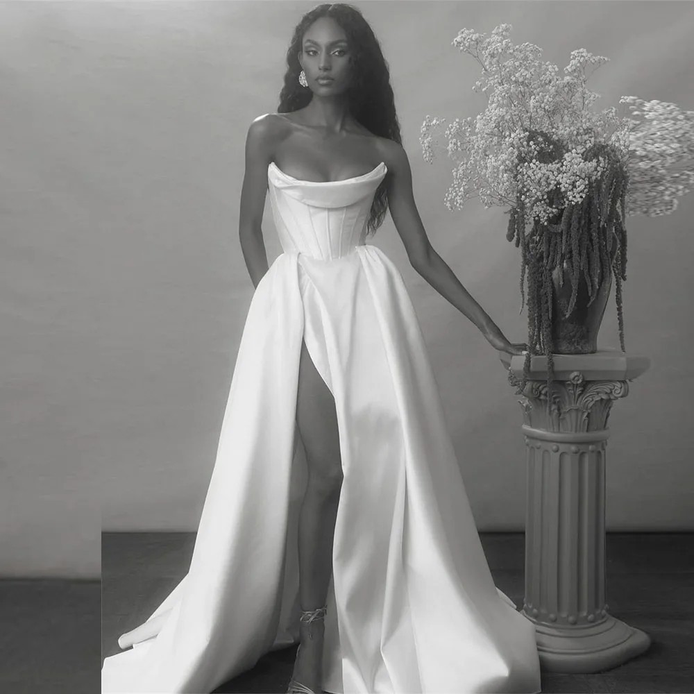 2024 Vintage Satin Wedding Dress Strapless High Slit Pleat Lace Up Bridal Bride Gowns Vestido De Novias Robe Mariage