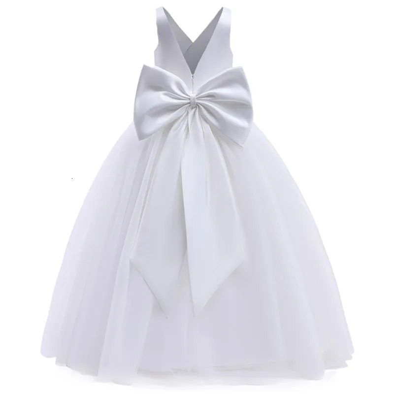 Elegant Girls Big Bow Dress Teen Girl White First Communion Ceremony Long Robe Clothing Kids Bridesmild Wedding V-Neck Vestidos 240407