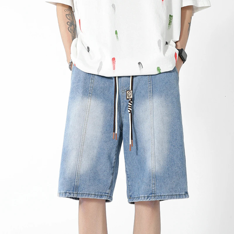 Summer Men Jeans Shorts Relaxed and Loose Fitting Trousers Denim Elastic Waist Short Jean Mens Oversized GrayBlue S3XL 240416