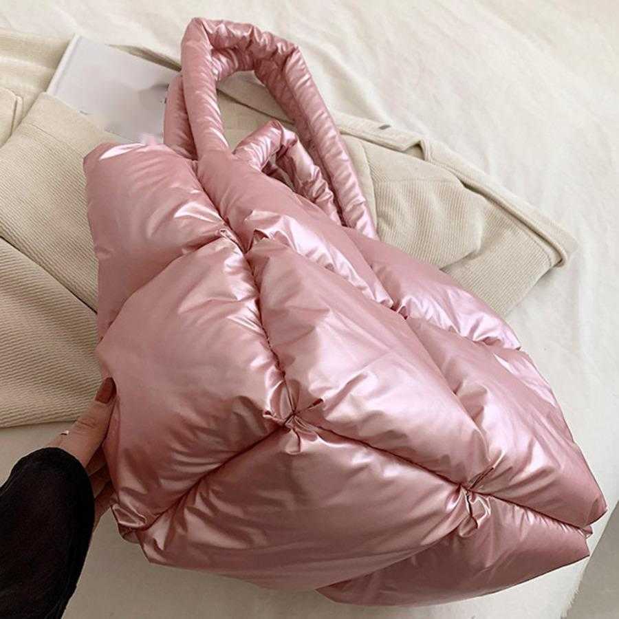 Down Bag WoMens Fashion Shoulder Bag Large Capacity Tote Bag High-end Feel Shiny Surface Handbag Simple Grid Cotton Jacket Bag 241104