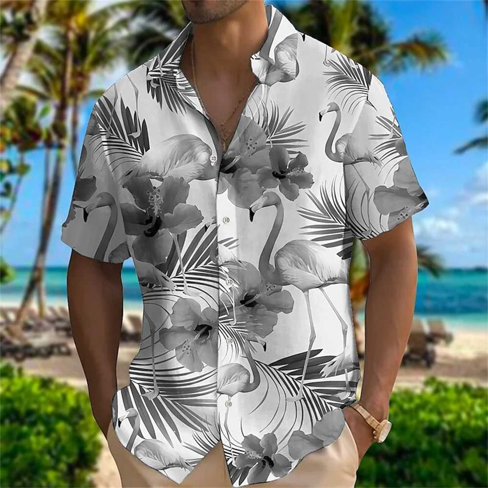 Men's Casual Shirts Animal Flamingo 3D Print Beach Hawaiian Summer Flower Shirt Short Sleeve Streetwear Loosed Camisa Social Blouse Men Cadiz 240