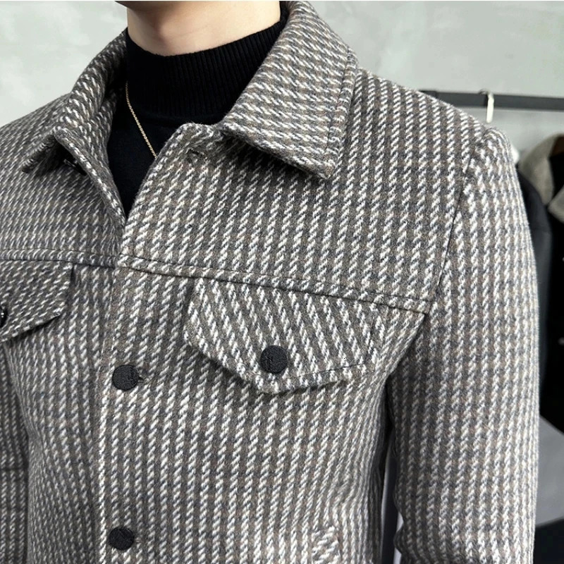 Winter Mens Woolen Jacket Lapel Fur Collar Trench Coat Casual Business Wool Blends Social Streetwear Overcoat Men Clothing 241115