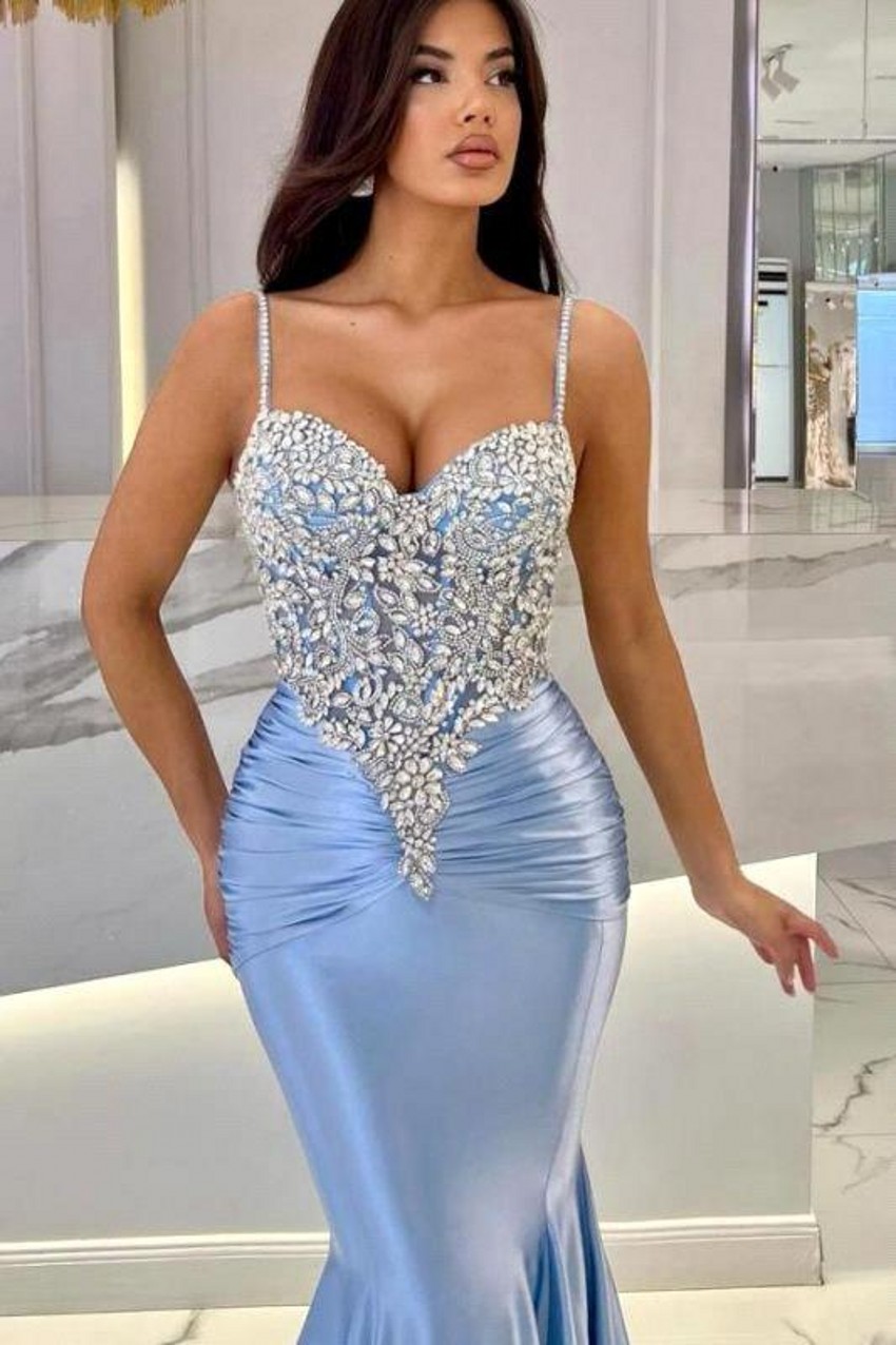 Sexy Arabic Blue Pink Spaghetti Straps Mermaid Evening Dresses Beadings Crystals Top Ruffles Satin Long Party Occasion Gowns Prom Wears BC18636