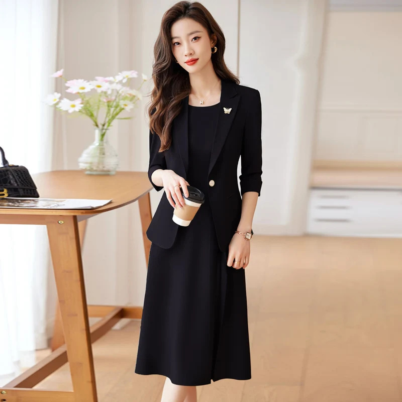 Elegant professional womens clothing fashionable minimalist style showcasing workplace dresses paired with jackets in the set 241115