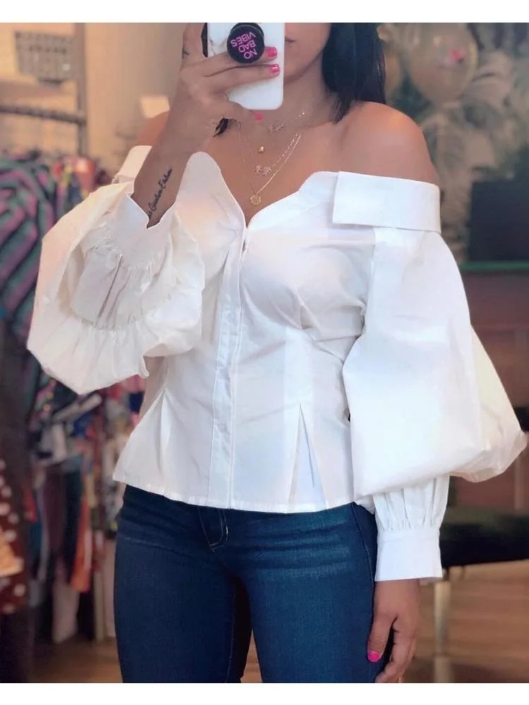 Elegant womens white shirt lantern sleeves shoulders womens top long sleeves pleated womens dress spring 241115