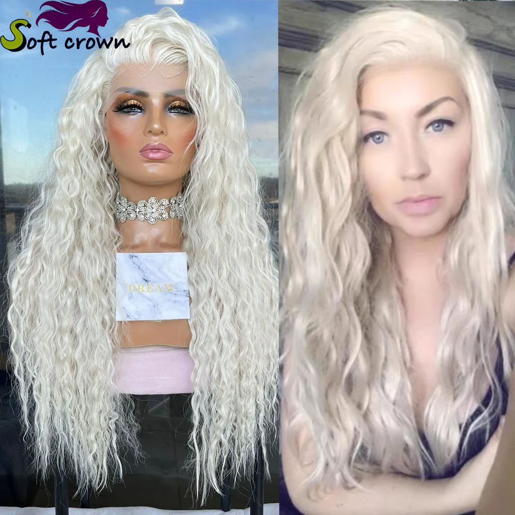Long Wavy Synthetic Lace Front Wigs Lace Frontal Wig for Women High Density Cosplay party hair Heat Resistant hand implanted white
