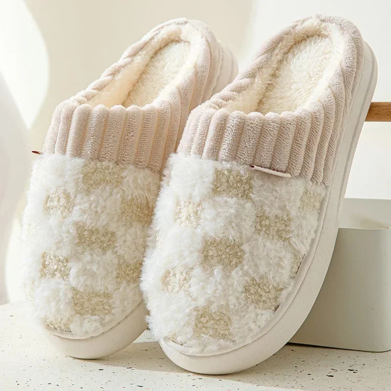 Fashion Couple Winter Flip Flops Warm Plaid Plush Slippers Soft Sole Slides Men Women Indoor Floor Home Nonslip Cotton Shoes 241115