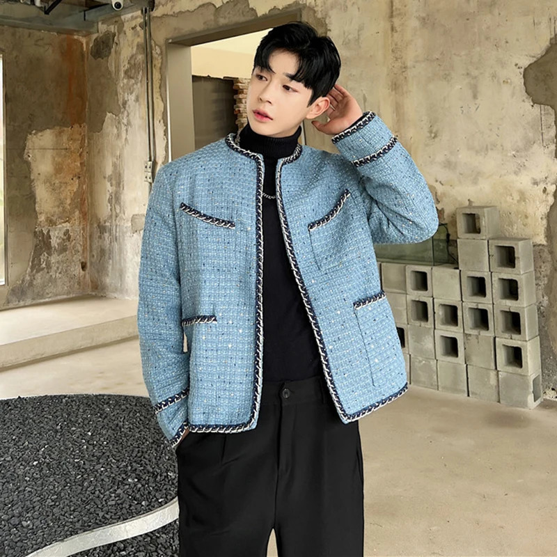IEFB mens coarse tweed cardigan autumn winter trend collarless jacket fashion Korean style Elgan coat personalized item 9C2554 241115