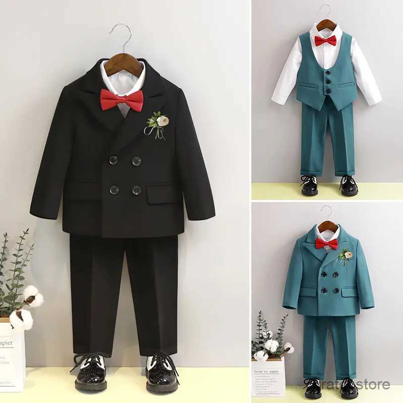 Suits Kids Jacket Vest Pants Bowtie Flower 5PCS Party Photograph Dress Children Birthday Suit Boys Wedding Performance Blazer